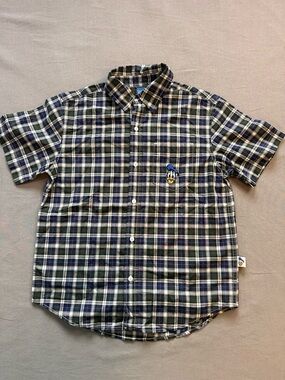 Disney VINTAGE Navy & Green Plaid Short-Sleeve  Shirt with Donald Patch